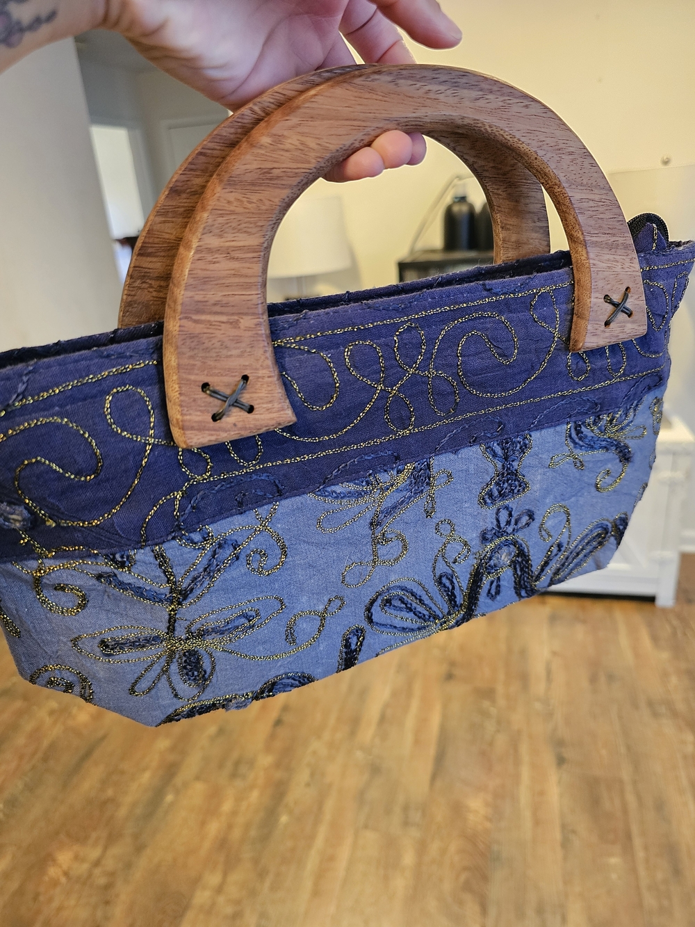 vintage- Y2K inspired embroidered fabric Wooden Handle handbag